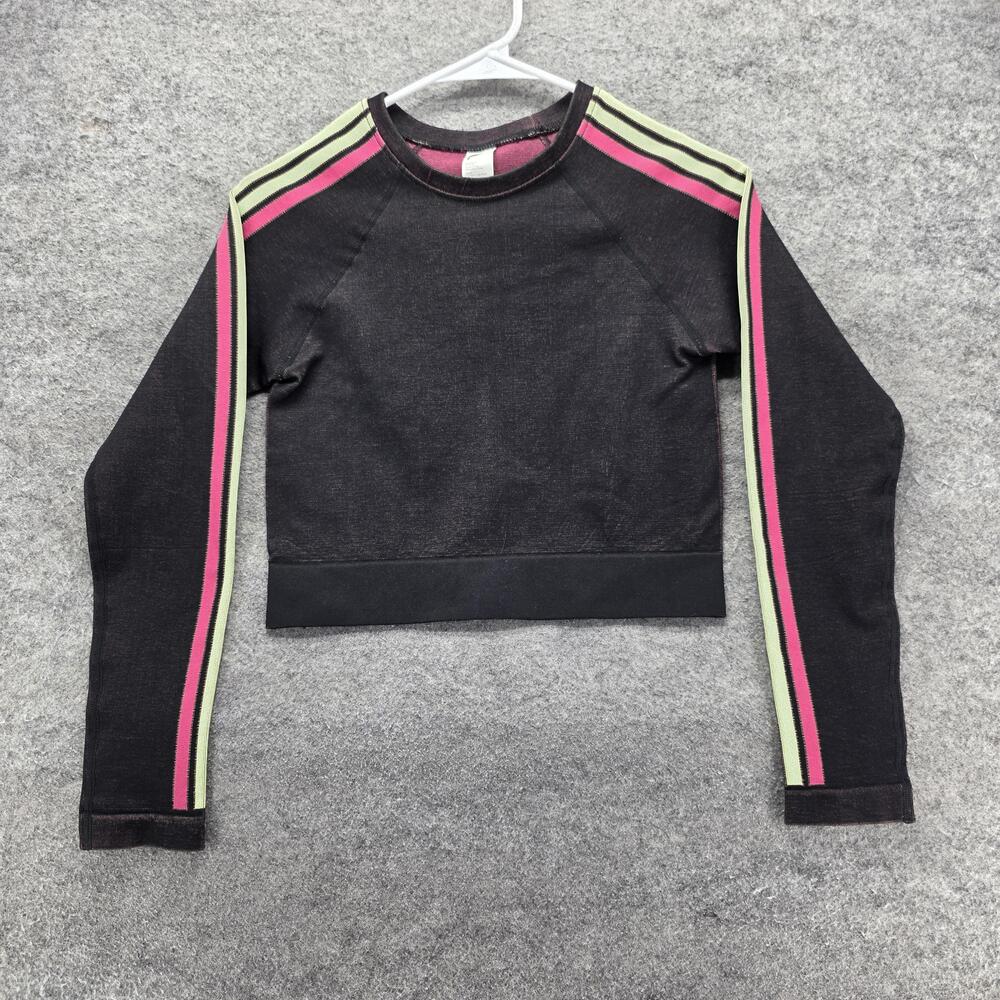 Fabletics T-Shirt Womens M Black Crew Neck Long Sleeve Cropped Striped Stretch